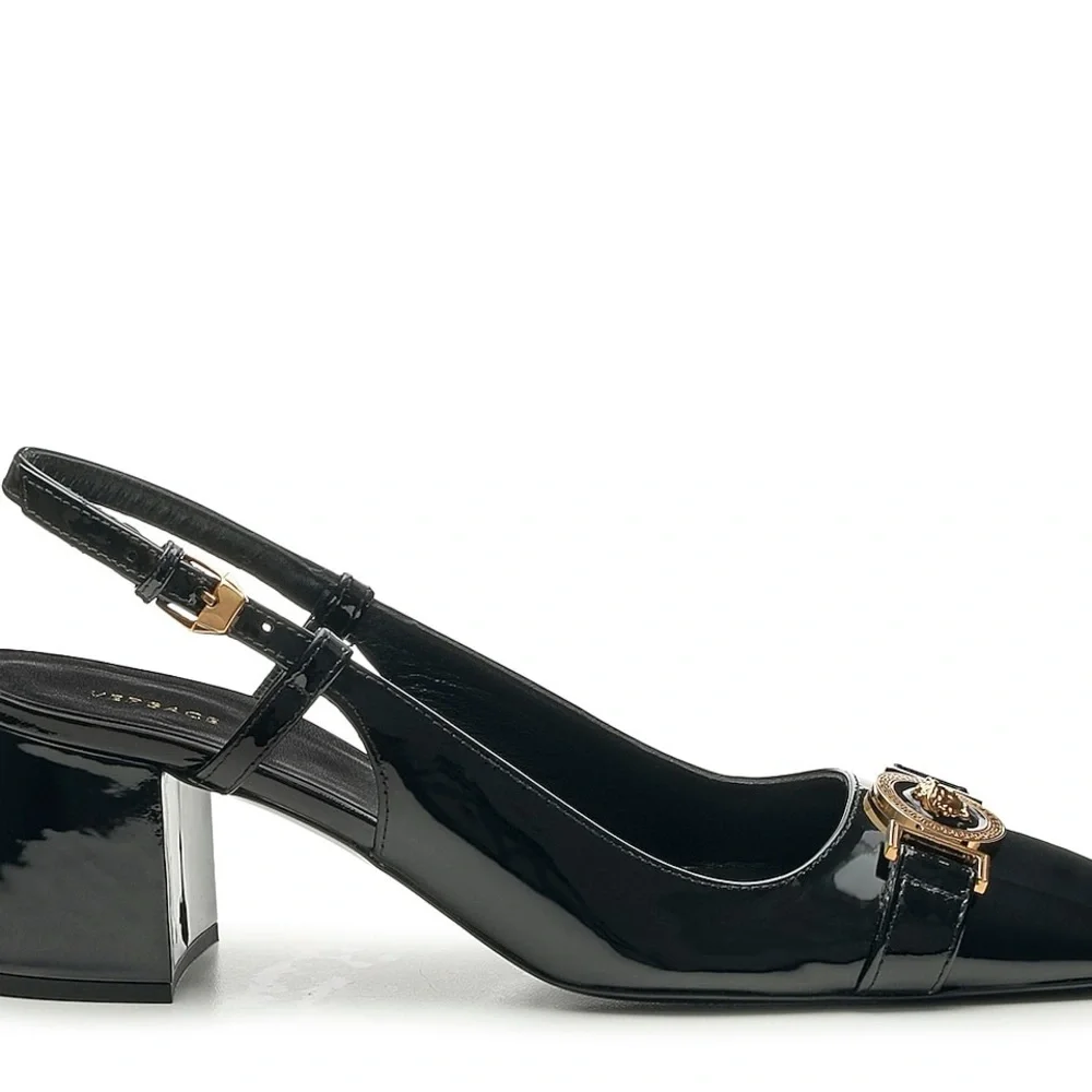 🆕 Versace Medusa Black Patent Vernis Leather Slingback Sleek Pump